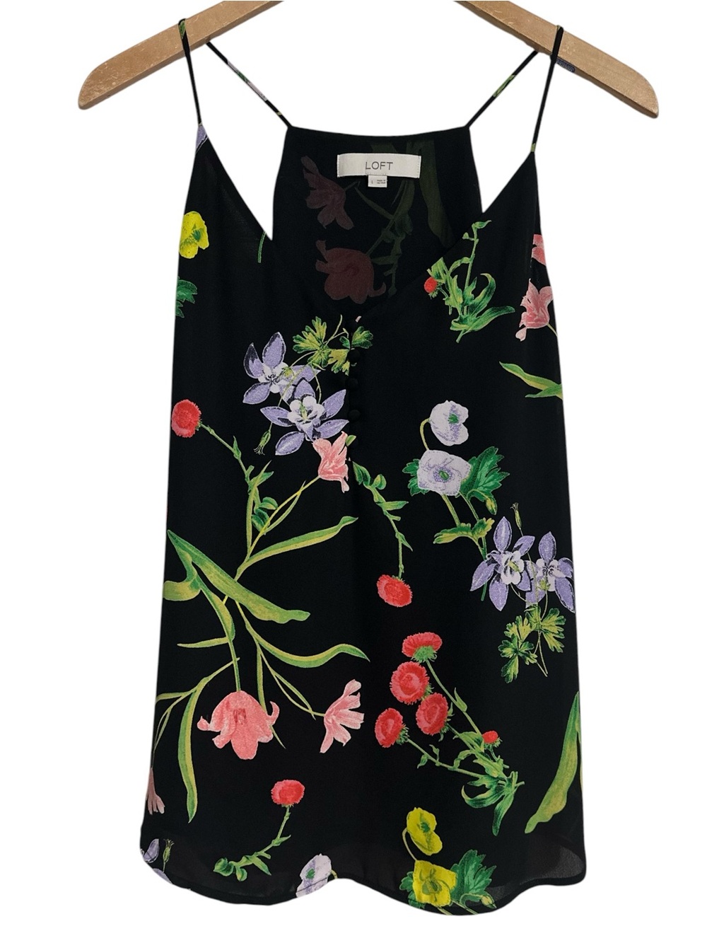 LOFT Drapey Cami Spaghetti Strap Lined Black Botanical Floral Print Top SZ L